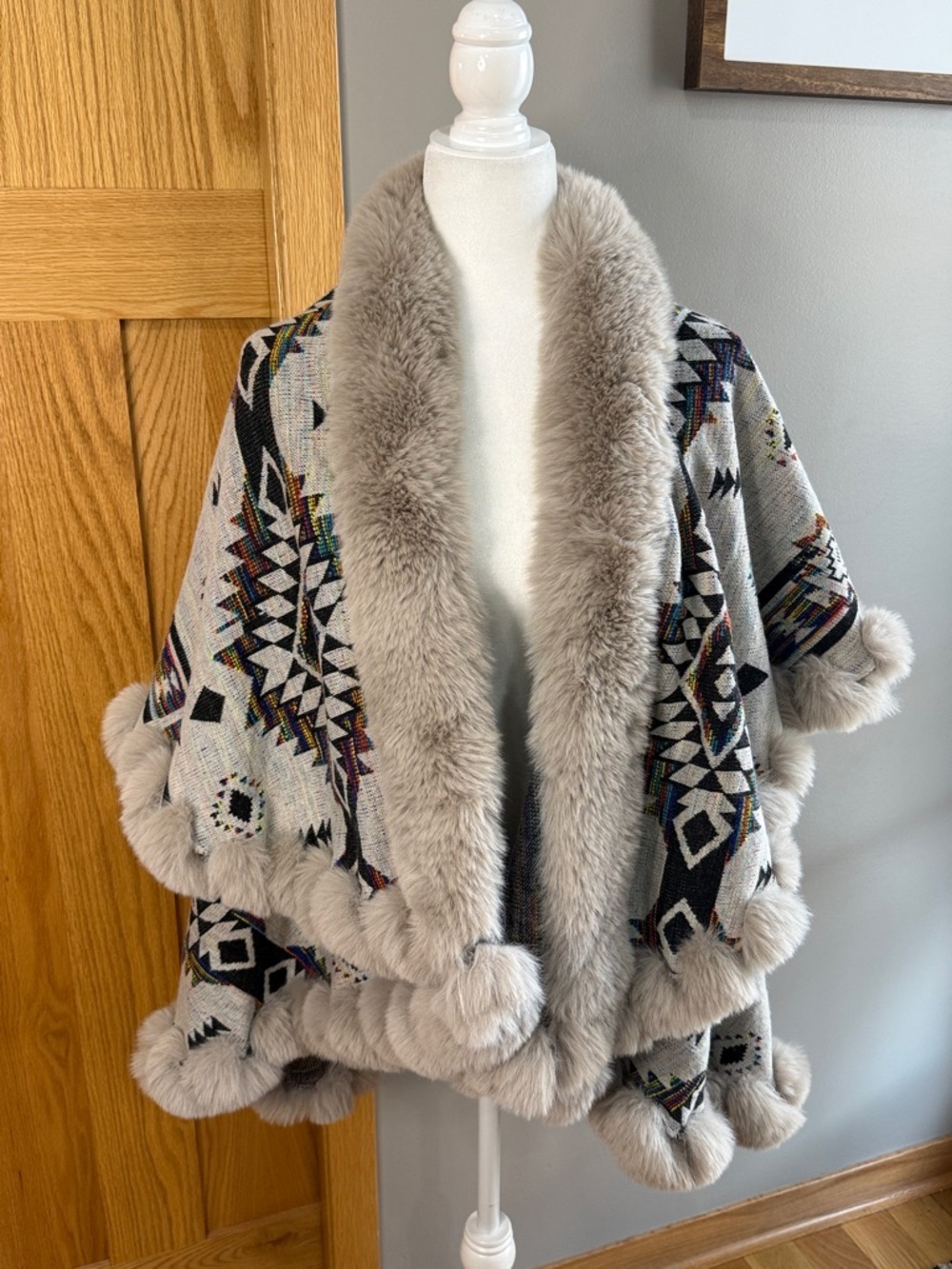 Faux Fur Trim Aztec Cape Poncho - Taupe